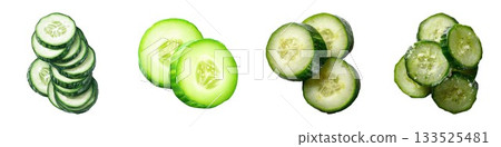 Fresh sliced cucumbers stacked in four different arrangements for food and beverage presentations isolated on white background Fresh sliced cucumbers stacked in four different arrangements for food and beverage presentations isolated on white background 133525481