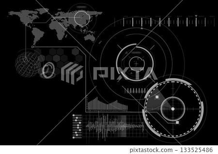 Dark-mode HUD is featuring large concentric reticle alongside dotted map, bar graph, waveform chart 133525486