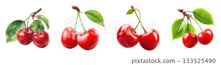 Four clusters of fresh ripe red cherries with green leaves on isolated on white background 133525490