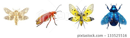 Four detailed insect macro photography featuring moths butterflies and beetles isolated on white background 133525516