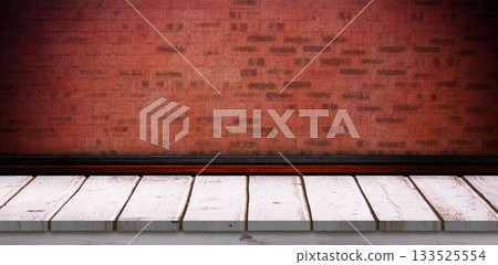 White wooden shelf on red brick wall 133525554