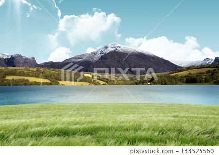 Flat design is showing green meadow flowing into blue lake with snow-capped mountain and clouds Flat design is showing green meadow flowing into blue lake with snow-capped mountain and clouds 133525560
