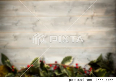 Flat design garland of variegated green leaves and red berries is forming border on wood wall Flat design garland of variegated green leaves and red berries is forming border on wood wall 133525566