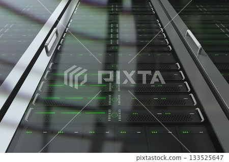Central server rack array is gleaming with green LED indicators in flat design data center layout Central server rack array is gleaming with green LED indicators in flat design data center layout 133525647