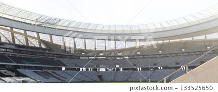 Empty stadium bowl is showcasing flat design with tiered seating, roof beams, barrier railing 133525650