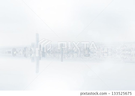 White room with large window overlooking city 133525675