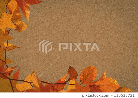 Orange and yellow leaf arrangement is framing left edge of textured brown backdrop in flat design Orange and yellow leaf arrangement is framing left edge of textured brown backdrop in flat design 133525721