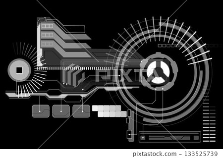 Flat design digital HUD dashboard is showing concentric arcs and circuitry lines on black backdrop Flat design digital HUD dashboard is showing concentric arcs and circuitry lines on black backdrop 133525739