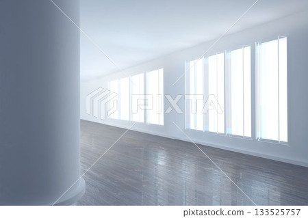 White cylindrical column is standing in flat design empty hall with tall windows and hardwood floor White cylindrical column is standing in flat design empty hall with tall windows and hardwood floor 133525757