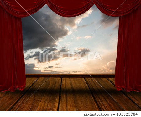 flat design illustration is showing red velvet curtains framing wooden stage floor and cloudy sky flat design illustration is showing red velvet curtains framing wooden stage floor and cloudy sky 133525784