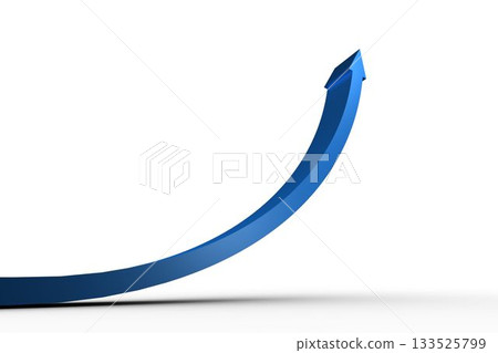 Glossy blue arrow is curving upward in minimal 3D vector design on white backdrop casting shadow Glossy blue arrow is curving upward in minimal 3D vector design on white backdrop casting shadow 133525799
