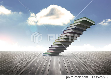 Stack of hardcover books is forming diagonal staircase on wooden deck under cloudy sky, flat design Stack of hardcover books is forming diagonal staircase on wooden deck under cloudy sky, flat design 133525802
