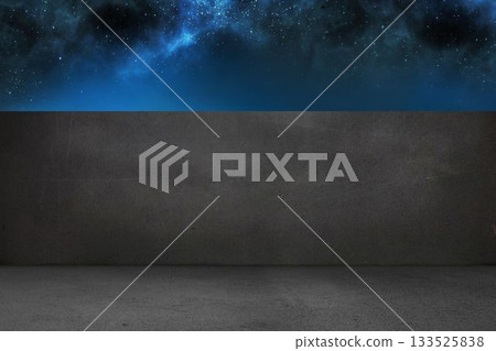Flat design concrete floor is merging into tall wall under vivid starry night sky Flat design concrete floor is merging into tall wall under vivid starry night sky 133525838