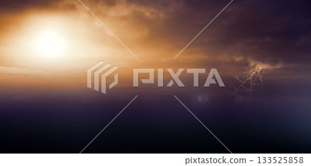 Flat-design sea is showing sun disc piercing left clouds, amber-purple horizon, lightning streaking 133525858