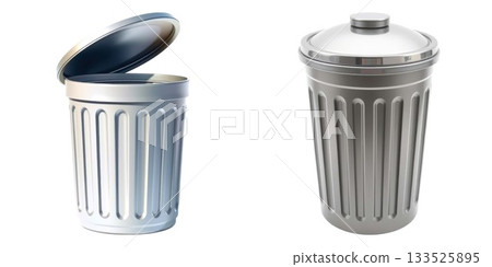 Two small silver trash cans one open one closed showing detail and design isolated on white background 133525895