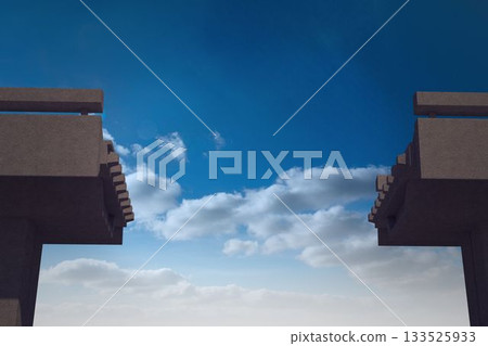 Separate concrete bridge spans are jutting over partly cloudy sky in flat-design construction site 133525933