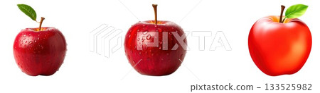 Three vibrant red apples with stems and leaves against a clean white backdrop isolated on white background 133525982