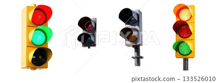Traffic signals showing red green and yellow lights illustrating traffic control and road safety isolated on white background Traffic signals showing red green and yellow lights illustrating traffic control and road safety isolated on white background 133526010