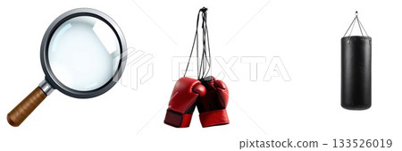 Magnifying glass boxing gloves and punching bag symbolize investigation training and fitness isolated on white background Magnifying glass boxing gloves and punching bag symbolize investigation training and fitness isolated on white background 133526019