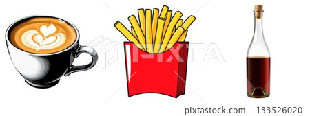 Delicious coffee cup french fries and red wine bottle icons set for food and drink related needs isolated on white background 133526020