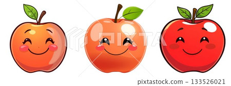 Three happy cartoon apples with smiling faces and green leaves representing fruitful joy isolated on white background 133526021