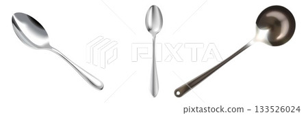 Collection of three shiny silver metal spoons and ladle isolated on a isolated on white background 133526024