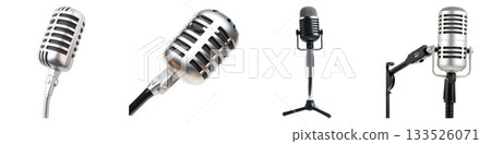 Collection of vintage microphones diverse retro studio recording audio equipment isolated on white background 133526071