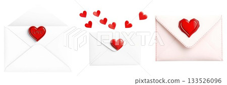 Collection of white envelopes adorned with realistic red hearts for valentine's day isolated on white background 133526096