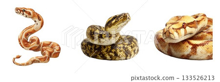 Three images of a ball python featuring detailed skin patterns and coiled body poses isolated on white background Three images of a ball python featuring detailed skin patterns and coiled body poses isolated on white background 133526213