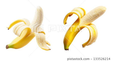 Two partially peeled yellow bananas showing fruit texture and peel details isolated isolated on white background 133526214