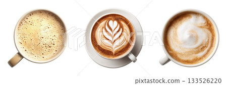 Three beautifully crafted coffee cups with latte art viewed from above isolated on white background 133526220