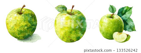 Three fresh green apples isolated on healthy food photography isolated on white background Three fresh green apples isolated on healthy food photography isolated on white background 133526242