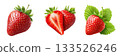 Three delicious strawberries one whole two halved with green leaves against white isolated on white background 133526246