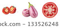 Fresh cut tomatoes and purple eggplants isolated on isolated on white background 133526248