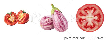Fresh cut tomatoes and purple eggplants isolated on isolated on white background 133526248