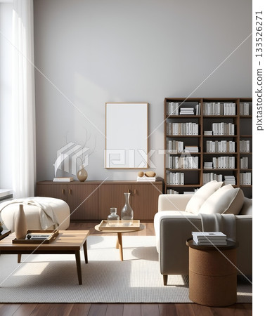 Elegant and modern living room interior design with neutral tones, wooden furniture, and artwork. Elegant and modern living room interior design with neutral tones, wooden furniture, and artwork. 133526271