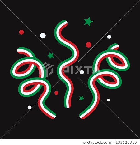 Festive abstract serpentine and confetti in the Italian flag colors. Fun firecracker explosion. Best for festivals, sport events, victory celebrations, competitions, or national holidays in Italy. EPS 133526319