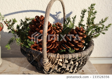 Large pine cones in a basket Large pine cones in a basket 133526356