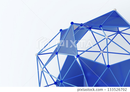 Futuristic tech background with 3d sphere of connected glass dots and plastic lines. Abstract wireframe polygonal pattern - circular grid of blue transparent triangles on white bg. 3D illustration Futuristic tech background with 3d sphere of connected glass dots and plastic lines. Abstract wireframe polygonal pattern - circular grid of blue transparent triangles on white bg. 3D illustration 133526702