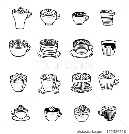 A black and white collection of hand-drawn icons featuring various coffee drinks like lattes and cappuccinos. Each sketch illustrates a unique cup style and latte art pattern, such as hearts, swirls, A black and white collection of hand-drawn icons featuring various coffee drinks like lattes and cappuccinos. Each sketch illustrates a unique cup style and latte art pattern, such as hearts, swirls, 133526838