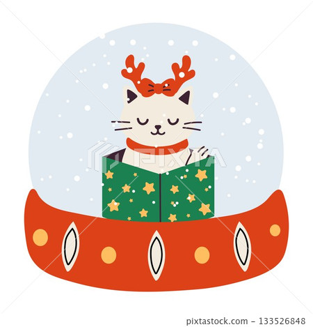 Adorable Christmas Cat in Snow Globe with Reindeer Antlers Adorable Christmas Cat in Snow Globe with Reindeer Antlers 133526848