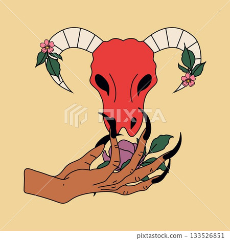 Witchy Hand Holding Rose and Ram Skull Artwork Witchy Hand Holding Rose and Ram Skull Artwork 133526851