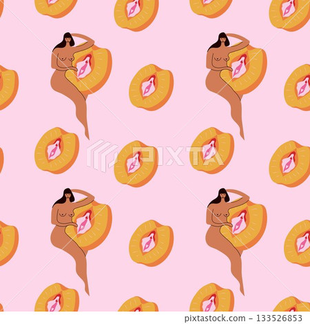 Seamless Pattern. Body Positive Femininity and Peach Vulva Symbolism 133526853