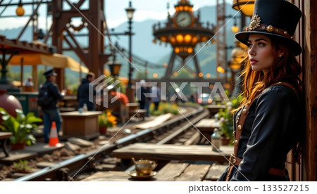 A woman dressed in Victorian style attire, standing near a miniature train set at a theme park A woman dressed in Victorian style attire, standing near a miniature train set at a theme park 133527215