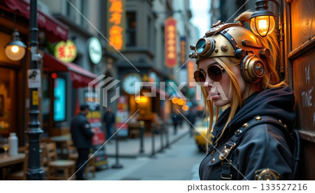 A person stands prominently in an urban setting, dressed in a steampunk style outfit with goggles and a large helmet A person stands prominently in an urban setting, dressed in a steampunk style outfit with goggles and a large helmet 133527216