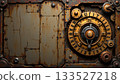 A large, metallic door with intricate designs and an open, circular lock mechanism in its center 133527218