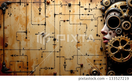 An artistic representation combining human features with mechanical elements An artistic representation combining human features with mechanical elements 133527219