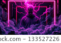 A stylized graphic of a person standing amidst an array of neon colored panels that resemble glowing neon lines 133527226