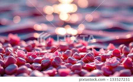 A close up view of numerous small flowers, likely pink petals A close up view of numerous small flowers, likely pink petals 133527231