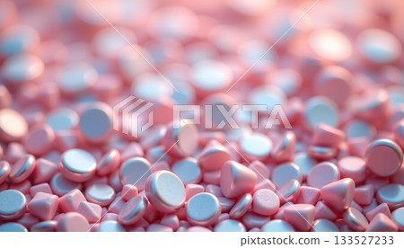 Pills scattered across what appears to be pink confetti or similar material Pills scattered across what appears to be pink confetti or similar material 133527233